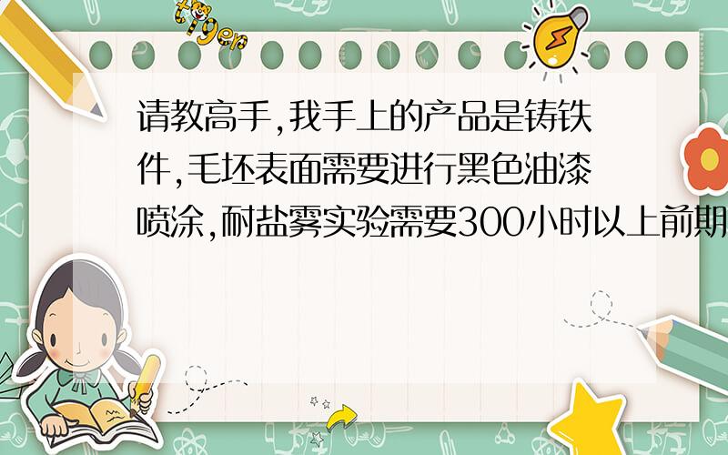 请教高手,我手上的产品是铸铁件,毛坯表面需要进行黑色油漆喷涂,耐盐雾实验需要300小时以上前期的表面处理需要哪些?不做电泳和磷化能否有其他方法能够达到我说的标准时间?或者是有什