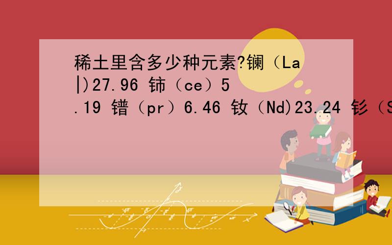 稀土里含多少种元素?镧（La|)27.96 铈（ce）5.19 镨（pr）6.46 钕（Nd)23.24 钐（Sm）4.32 铕（Eu）0.27钆（Gd）4.37 铽（Td）0.63 镝90（Dy）3.3 钬（Ho）0.62 铒（Er）1.52 铥|（Tm）0.21 镱（Yb)0.91 镥(Lu)0.10 钇