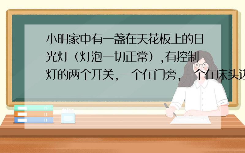 小明家中有一盏在天花板上的日光灯（灯泡一切正常）,有控制灯的两个开关,一个在门旁,一个在床头边,随意闭合或断开都有反应,问电路图