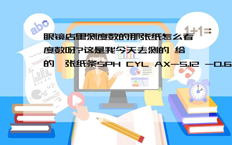 眼镜店里测度数的那张纸怎么看度数呀?这是我今天去测的 给的一张纸条SPH CYL AX-5.12 -0.62 175 10SPH CYL AX-4.87 -1.12 1 10