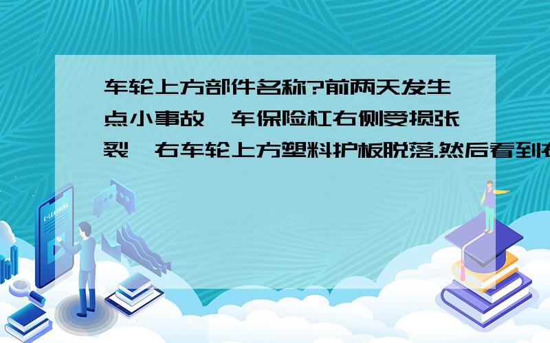 车轮上方部件名称?前两天发生点小事故,车保险杠右侧受损张裂,右车轮上方塑料护板脱落.然后看到右车轮前上方【大约在保险杠接缝偏前部那个位置】有个黑色塑料箱也剐裂了,这个小箱子