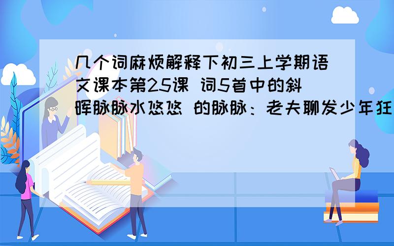 几个词麻烦解释下初三上学期语文课本第25课 词5首中的斜晖脉脉水悠悠 的脉脉：老夫聊发少年狂 的聊：也拟泛轻舟 的拟：物似人非 的是：沙场秋点兵 的沙场：马作的卢飞快 的作：了却君