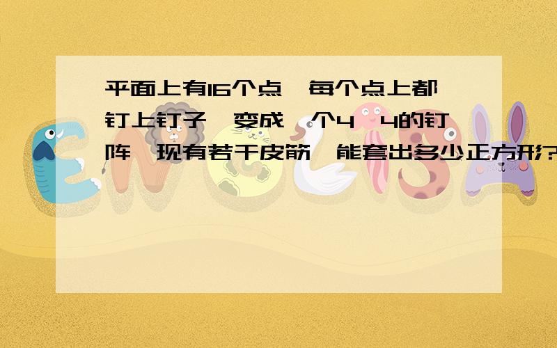 平面上有16个点,每个点上都钉上钉子,变成一个4*4的钉阵,现有若干皮筋,能套出多少正方形?要一个不落啊!