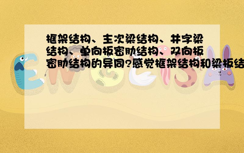 框架结构、主次梁结构、井字梁结构、单向板密肋结构、双向板密肋结构的异同?感觉框架结构和梁板结构讲的不是一东西.它们是一系列的?还是有什么关系?实在分不清,麻烦讲讲都是什么?