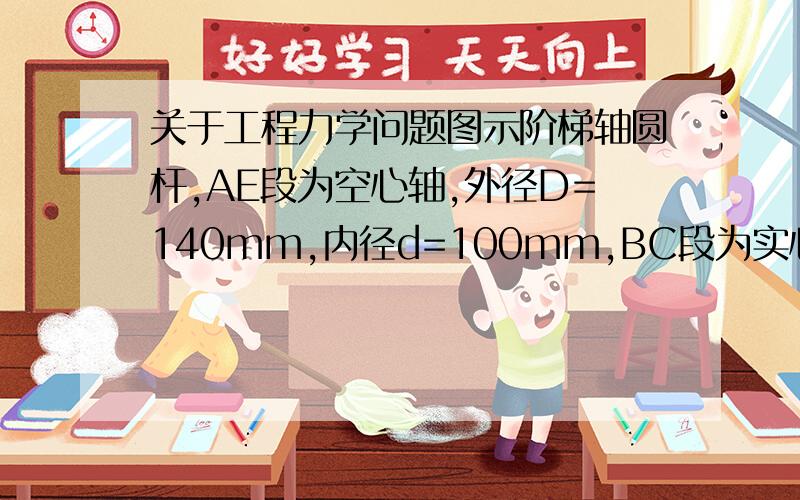 关于工程力学问题图示阶梯轴圆杆,AE段为空心轴,外径D=140mm,内径d=100mm,BC段为实心,直径d=100mm.外力偶矩MeA=18KN·m,MeB=32KN·m,MeC=14KN·m.已知：[τ]=80MPa,[θ]=1.2(°)/m,G=80GPa.试校核该轴的强度和刚度.