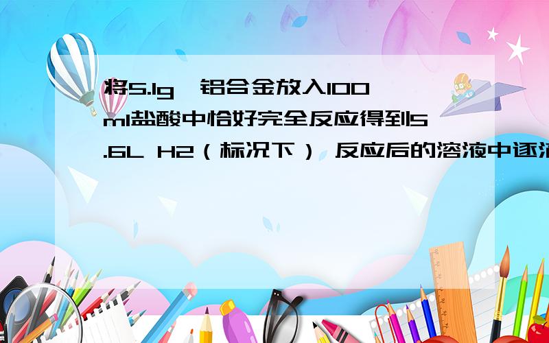 将5.1g镁铝合金放入100ml盐酸中恰好完全反应得到5.6L H2（标况下） 反应后的溶液中逐滴入1mol/L的氢氧化钠溶液,当沉淀全部是氢氧化镁的时候,求至少加入的氢氧化钠溶液的体积?