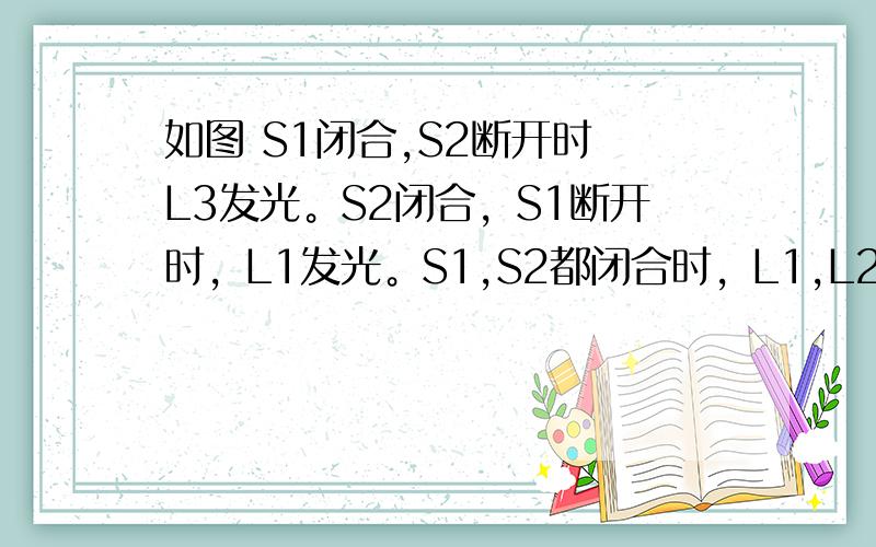 如图 S1闭合,S2断开时 L3发光。S2闭合，S1断开时，L1发光。S1,S2都闭合时，L1,L2,L3都发光第三种情况很好理解了，但是一、二我有点不太明白S1闭合S2断开时 到了第一个分流点开始分流 但是L1，L