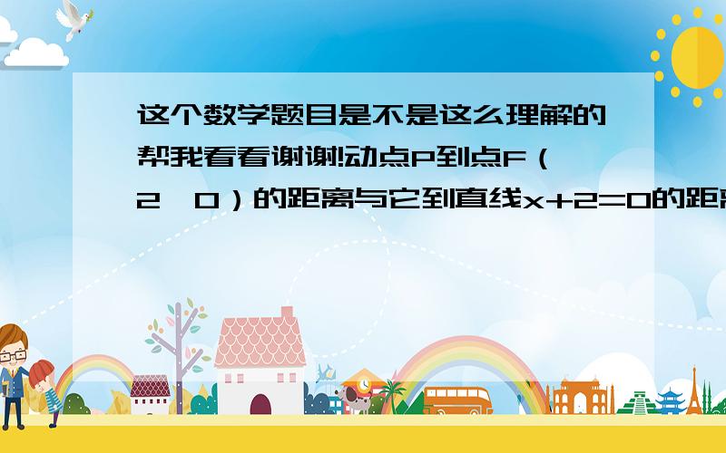 这个数学题目是不是这么理解的帮我看看谢谢!动点P到点F（2,0）的距离与它到直线x+2=0的距离相等,点P的轨迹方程为这个题是不是这么理解的：动点P到点F（2,0）的距离与它到直线x+2=0的距离