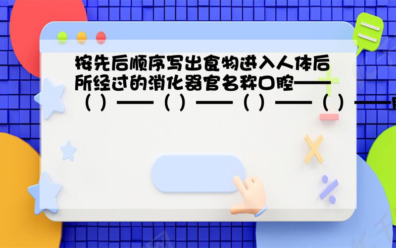 按先后顺序写出食物进入人体后所经过的消化器官名称口腔——（ ）——（ ）——（ ）——（ ）——肛门