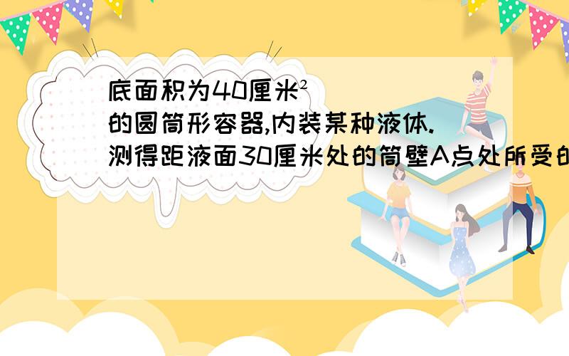 底面积为40厘米²的圆筒形容器,内装某种液体.测得距液面30厘米处的筒壁A点处所受的压强为23521.若将质量为0.06千克,密度为0.6*10³千克／米³的木块放入容器中,求木块受到的浮力和浸