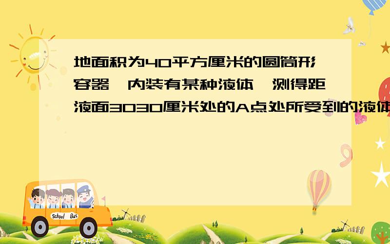 地面积为40平方厘米的圆筒形容器,内装有某种液体,测得距液面3030厘米处的A点处所受到的液体压强为3600怕求该液体的密度是多少?