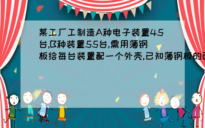 某工厂工制造A种电子装置45台,B种装置55台,需用薄钢板给每台装置配一个外壳,已知薄钢板的面积有两种规格,甲种薄钢板每张面积2\x01,可做A、B的外壳分别为3个和5个；乙种薄钢板每张面积3\x01