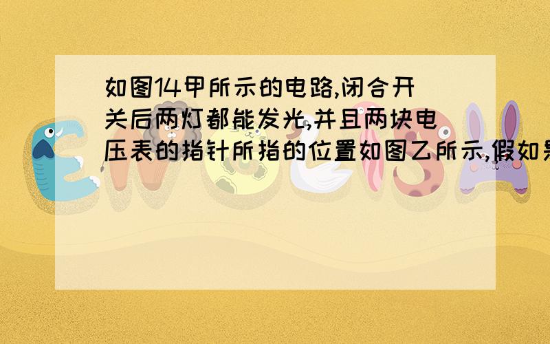 如图14甲所示的电路,闭合开关后两灯都能发光,并且两块电压表的指针所指的位置如图乙所示,假如是电路发生了故障,则是________或_________故障