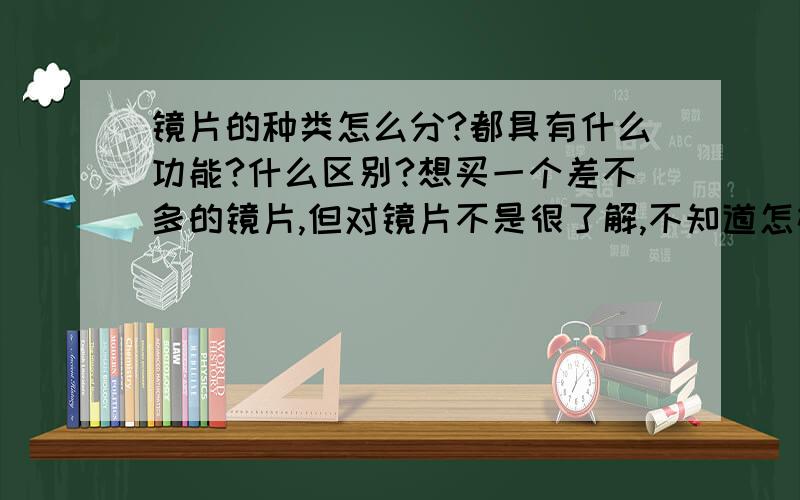 镜片的种类怎么分?都具有什么功能?什么区别?想买一个差不多的镜片,但对镜片不是很了解,不知道怎样挑选,那些对镜片的术语我也不太懂,所以对买一副什么样的镜片很苦恼. 谢谢,详细点给咱