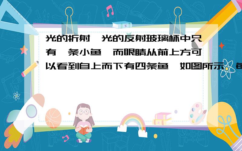 光的折射,光的反射玻璃杯中只有一条小鱼,而眼睛从前上方可以看到自上而下有四条鱼,如图所示,每条鱼的像分别如何产生,自上而下依次为ABCD.