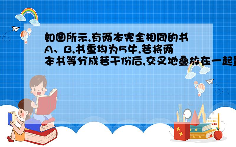 如图所示,有两本完全相同的书A、B,书重均为5牛,若将两本书等分成若干份后,交叉地叠放在一起置于光滑桌面上,并将书A固定不动,用水平向右的力F把书B抽出,先后测得一组数据如下：实验次数