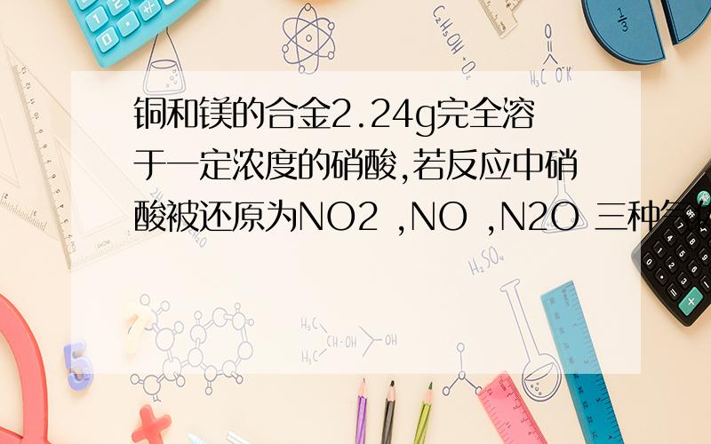 铜和镁的合金2.24g完全溶于一定浓度的硝酸,若反应中硝酸被还原为NO2 ,NO ,N2O 三种气体且体积均为0.224L（都已换算为标准状况）,在反应后的溶液中,加入足量的氢氧化钠溶液,生成的沉淀经过洗