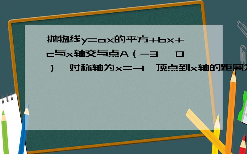 抛物线y=ax的平方+bx+c与x轴交与点A（-3 ,0）、对称轴为x=-1、顶点到x轴的距离为2、求此抛物线的解析式急