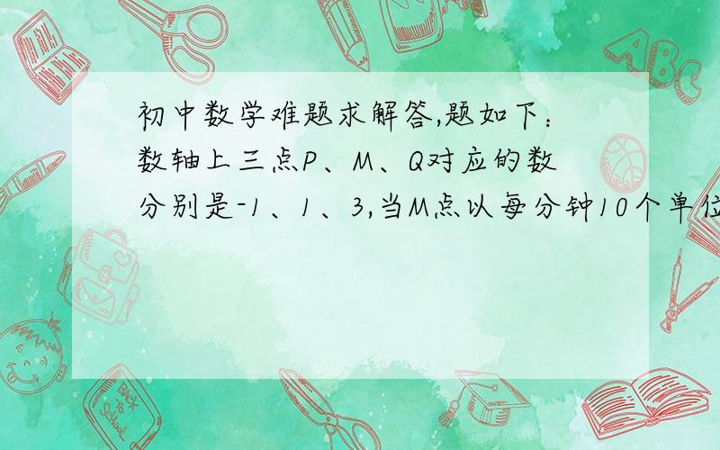 初中数学难题求解答,题如下：数轴上三点P、M、Q对应的数分别是-1、1、3,当M点以每分钟10个单位长度的速度向右运动时,点P以每分钟4个单位长度的速度向右运动,点Q以每分钟15个单位长度的速