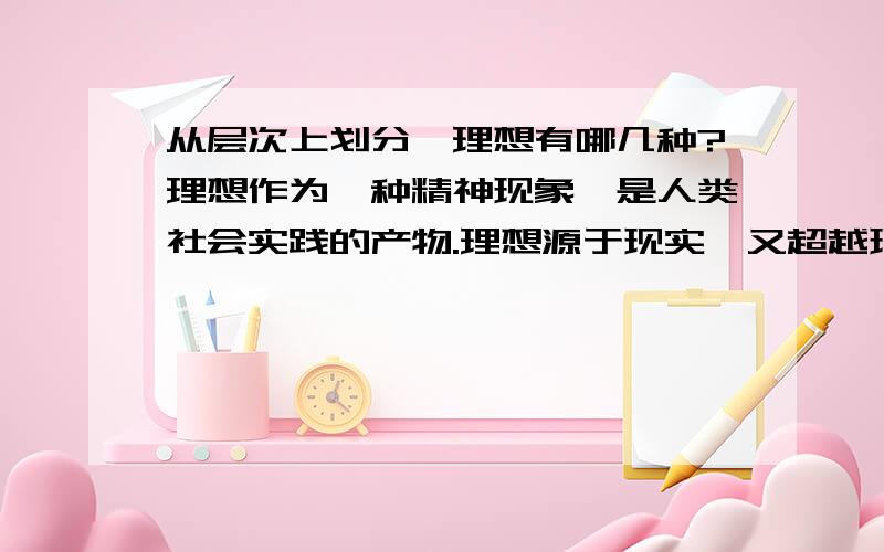 从层次上划分,理想有哪几种?理想作为一种精神现象,是人类社会实践的产物.理想源于现实,又超越现实,在现实中有多种类型.从层次上划分,理想有（ ）A．个人理想和社会理想 B．道德理想和