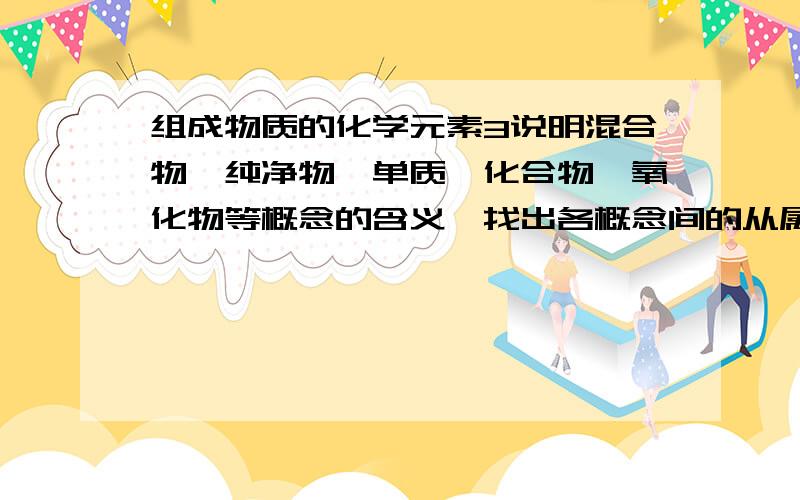 组成物质的化学元素3说明混合物、纯净物、单质、化合物、氧化物等概念的含义,找出各概念间的从属关系,用图表表示这种关系,并将下列物质列入相应物质的属类.1铁矿石2冰水混合物3清新