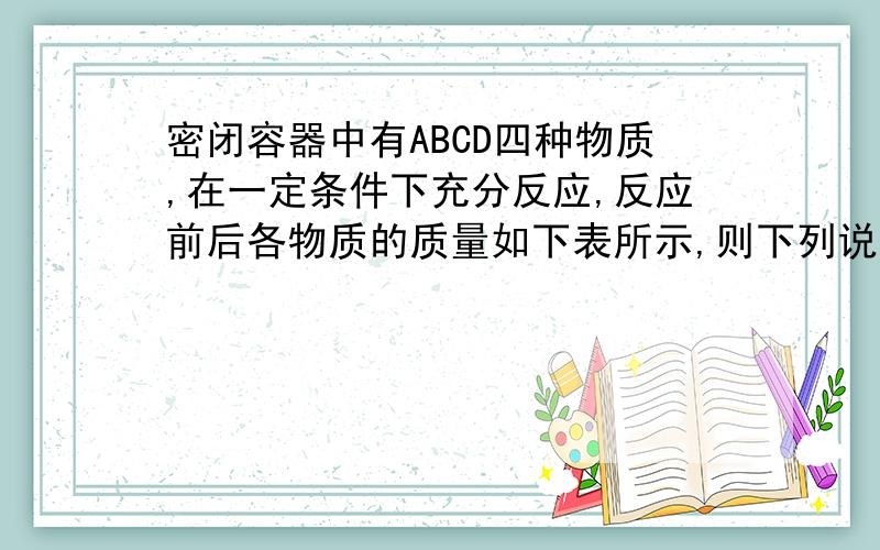 密闭容器中有ABCD四种物质,在一定条件下充分反应,反应前后各物质的质量如下表所示,则下列说法正确的是A物质D一定是化合物,物质C可能是单质B反应后密闭容器中D的质量为79gC反应过程中物