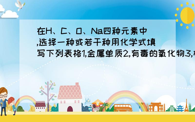 在H、C、O、Na四种元素中,选择一种或若干种用化学式填写下列表格1,金属单质2,有毒的氧化物3,相对分子质量最小的氧化物4.家庭厨房中蒸馒头的一种盐5.雪碧等饮料中常含的一种酸