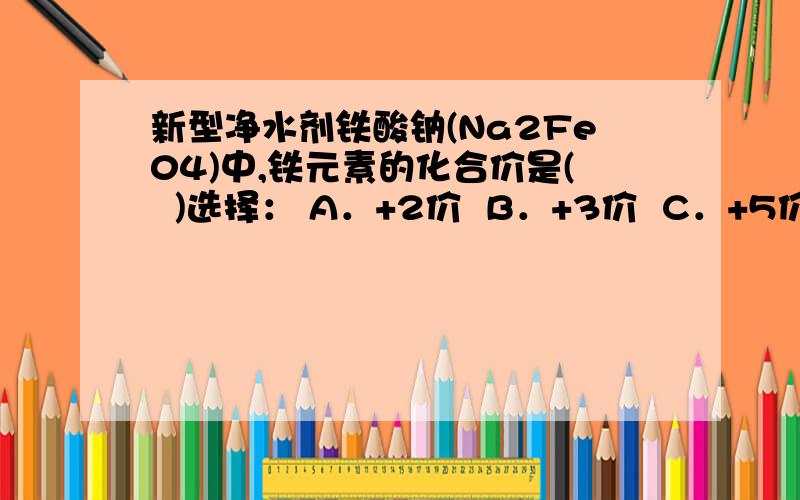 新型净水剂铁酸钠(Na2Fe04)中,铁元素的化合价是(  )选择： A．+2价  B．+3价  C．+5价  D．+6价