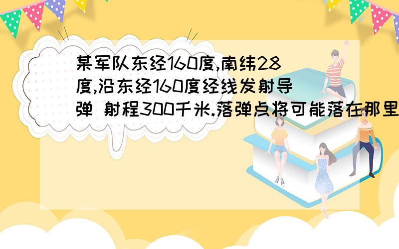 某军队东经160度,南纬28度,沿东经160度经线发射导弹 射程300千米.落弹点将可能落在那里?2.某地一年内有两次太阳直射,水平运动的物体发生右偏现象,该地可能位于A北纬30 西经15 B南纬60 东经150