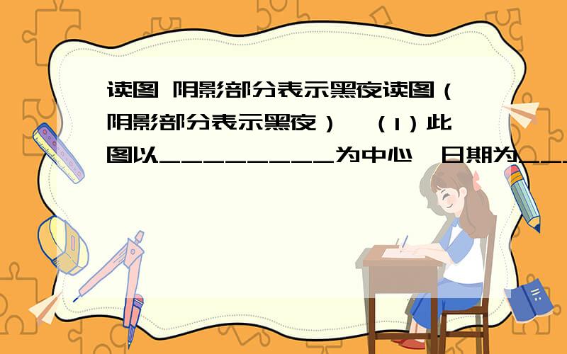 读图 阴影部分表示黑夜读图（阴影部分表示黑夜）,（1）此图以________为中心,日期为________月________日.（2）太阳直射点的地理坐标是______________.（3）图中晨线是________,昏线是________.（4）E点