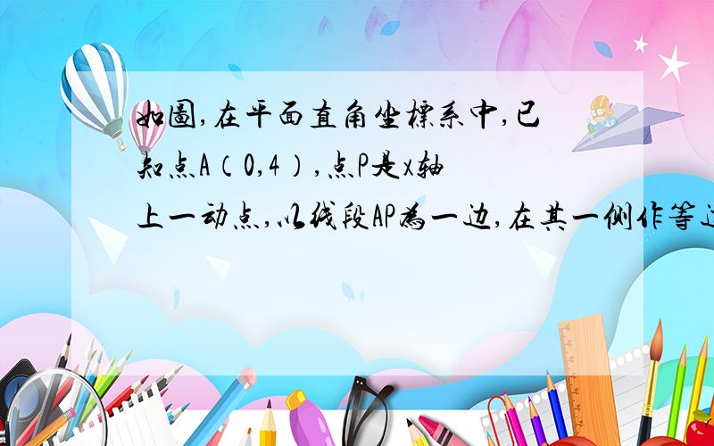 如图,在平面直角坐标系中,已知点A（0,4）,点P是x轴上一动点,以线段AP为一边,在其一侧作等边三角形 当点P运动到原点O处时,记Q的位置为B（1）求点B的坐标；（2）求证：当点P在x轴上运动（P