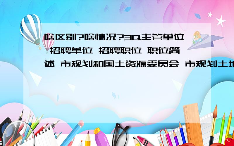 啥区别?啥情况?3Q主管单位 招聘单位 招聘职位 职位简述 市规划和国土资源委员会 市规划土地监察支队 七级执法员 从事行政行为的法律审查、案件审查相关工作 龙岗区 坂田街道 七级执法