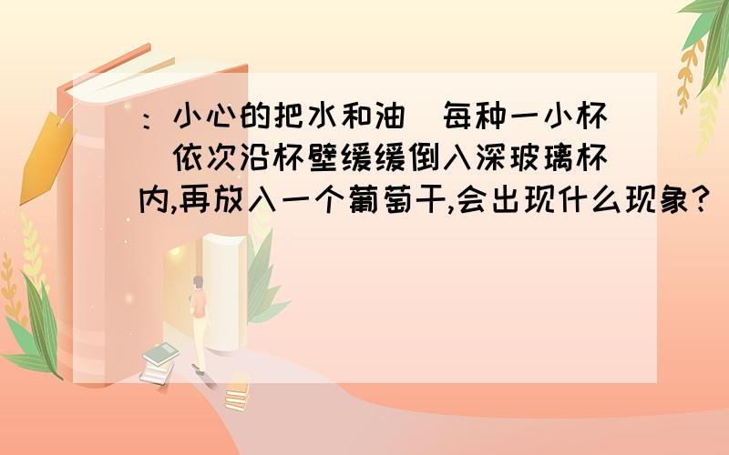 ：小心的把水和油（每种一小杯）依次沿杯壁缓缓倒入深玻璃杯内,再放入一个葡萄干,会出现什么现象?