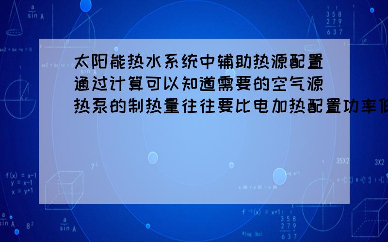 太阳能热水系统中辅助热源配置通过计算可以知道需要的空气源热泵的制热量往往要比电加热配置功率低好多,为什么?