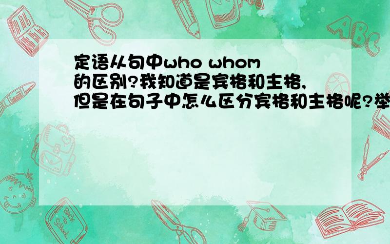 定语从句中who whom 的区别?我知道是宾格和主格,但是在句子中怎么区分宾格和主格呢?举个例子,给追分的That's the playground_____we'll have a basketball match.