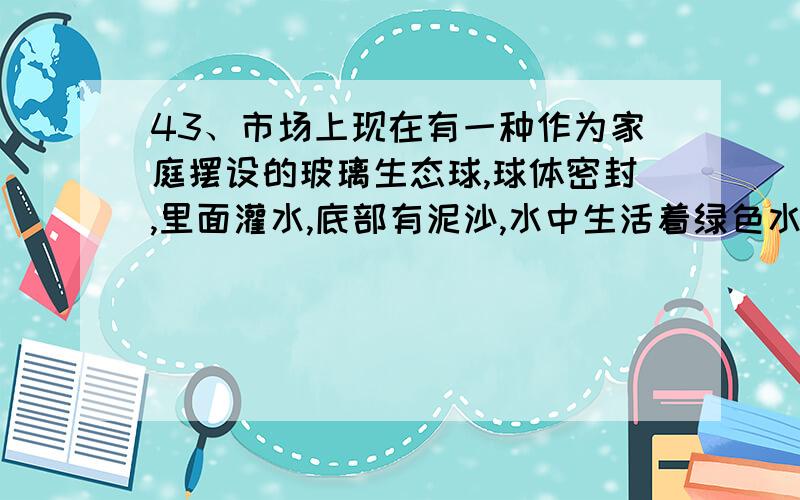 43、市场上现在有一种作为家庭摆设的玻璃生态球,球体密封,里面灌水,底部有泥沙,水中生活着绿色水藻和几条小鱼.请根据这个生态球的情况,分析以下问题： （1）这个生态球应放在