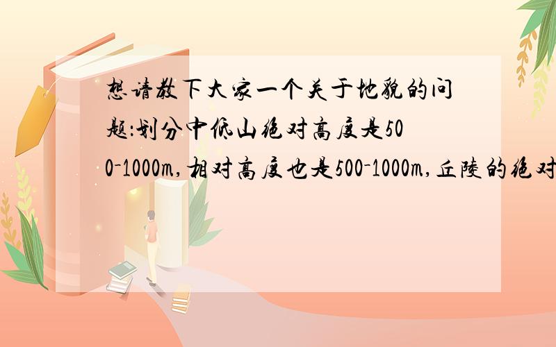 想请教下大家一个关于地貌的问题：划分中低山绝对高度是500－1000m,相对高度也是500－1000m,丘陵的绝对高度为小于500m,相对高度小于200m,那么“中低山丘陵地貌”该怎么理解,还是中低山丘陵