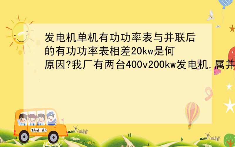 发电机单机有功功率表与并联后的有功功率表相差20kw是何原因?我厂有两台400v200kw发电机,属并联运行,共用一台变压器.单机运行时单机有功功率表与并联后的有功功率表读数相等.只要两台运