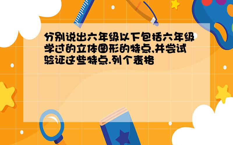 分别说出六年级以下包括六年级学过的立体图形的特点,并尝试验证这些特点.列个表格