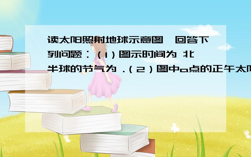 读太阳照射地球示意图,回答下列问题：（1）图示时间为 北半球的节气为 .（2）图中a点的正午太阳高度为（3）此时正午太阳高度随纬度变化规律为 .（4）此时a点昼长为 小时,b点昼长为 小时