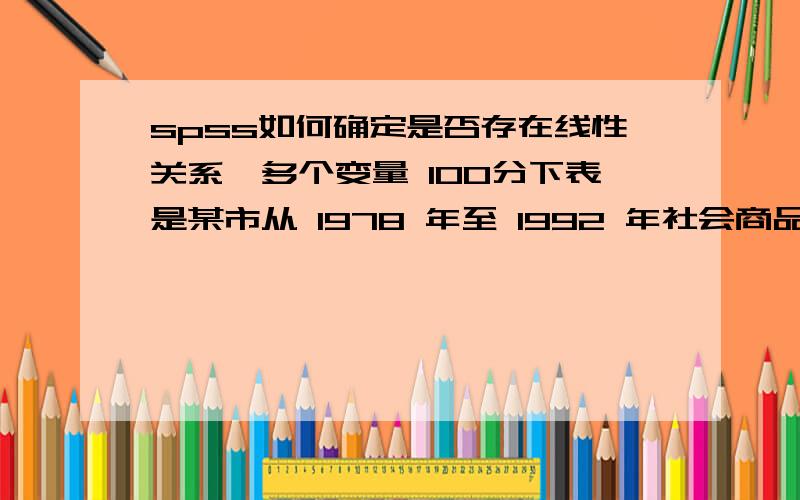 spss如何确定是否存在线性关系,多个变量 100分下表是某市从 1978 年至 1992 年社会商品零售总额、居民收入和全市 总人口统计数字表,试分析它们之间是否存在线性关系.时序 年份 零售总额（