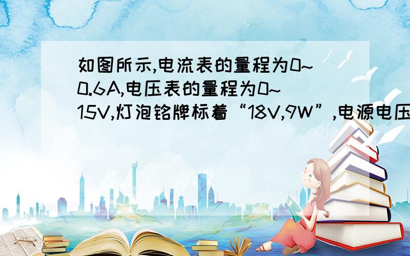 如图所示,电流表的量程为0~0.6A,电压表的量程为0~15V,灯泡铭牌标着“18V,9W”,电源电压恒定为U=24V（1）当滑动变阻器连入电路的电阻值为36欧姆时,灯泡消耗的实际功率?（2）当电路能安全工作,