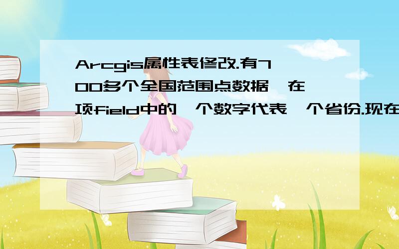 Arcgis属性表修改.有700多个全国范围点数据,在一项field中的一个数字代表一个省份.现在想新建一个field后,想将前面一些用数字表示的省份用汉字表示,如何进行操作.如果一个一个改的话太麻烦