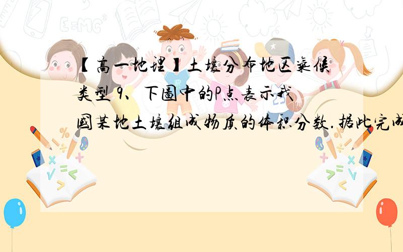 【高一地理】土壤分布地区气候类型 9、下图中的P点表示我国某地土壤组成物质的体积分数.据此完成（1）-（3）题.（1）据图可知：A.该土壤的水分较少,植物易枯萎B.该土壤通气透水,因而有