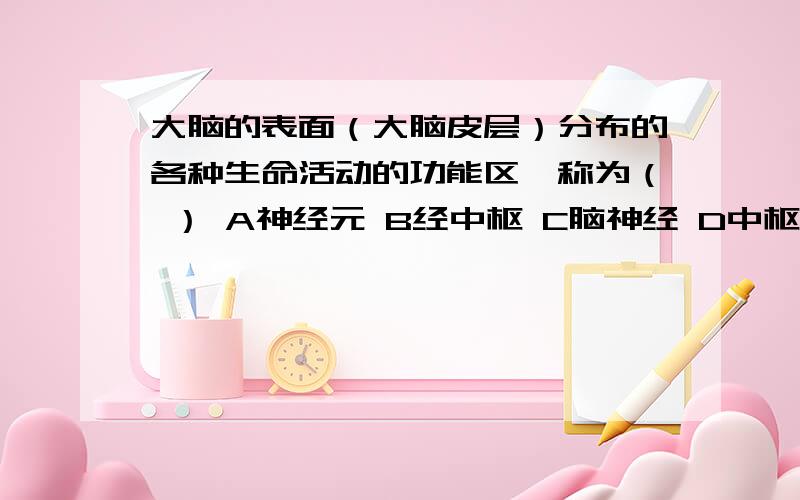 大脑的表面（大脑皮层）分布的各种生命活动的功能区,称为（ ） A神经元 B经中枢 C脑神经 D中枢神经系统