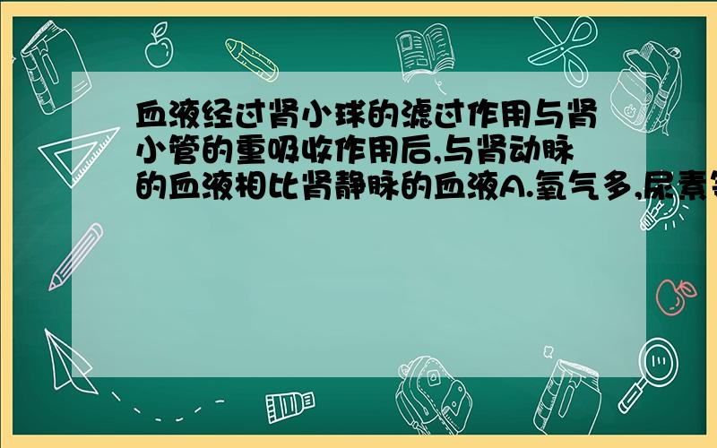 血液经过肾小球的滤过作用与肾小管的重吸收作用后,与肾动脉的血液相比肾静脉的血液A.氧气多,尿素等废物少B.氧气少,尿素等废物少C氧气少,尿素等废物多D氧气多,尿素等废物多