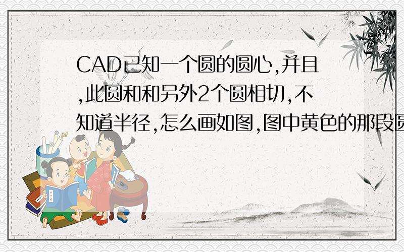 CAD已知一个圆的圆心,并且,此圆和和另外2个圆相切,不知道半径,怎么画如图,图中黄色的那段圆弧怎么画