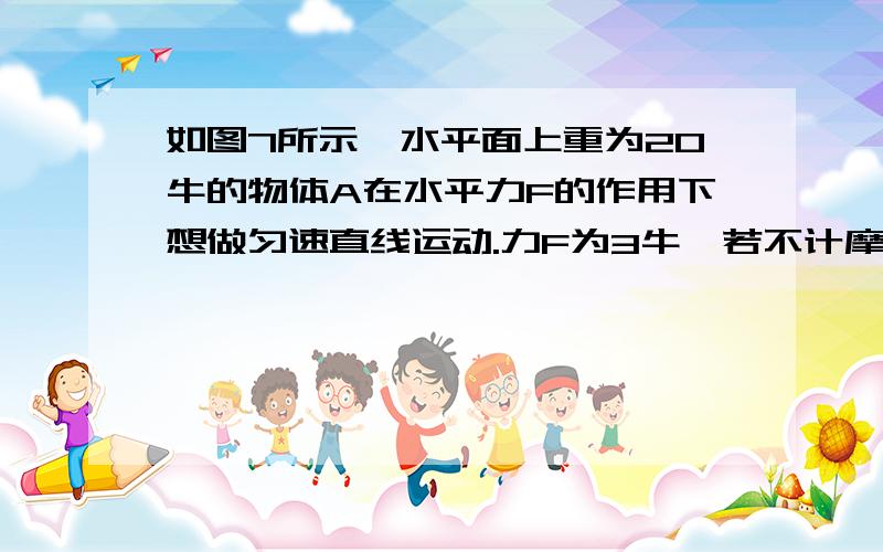 如图7所示,水平面上重为20牛的物体A在水平力F的作用下想做匀速直线运动.力F为3牛,若不计摩擦,求弹簧测力计示数.求大神帮回答.要说明理由