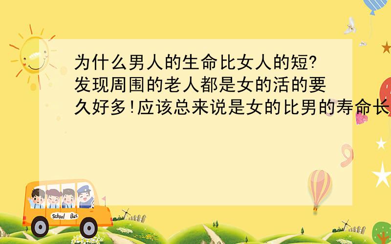 为什么男人的生命比女人的短?发现周围的老人都是女的活的要久好多!应该总来说是女的比男的寿命长吧!是不是因为男人压力大,寿命就减短了呀?