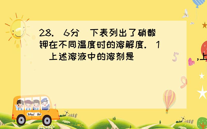 28.(6分)下表列出了硝酸钾在不同温度时的溶解度.（1）上述溶液中的溶剂是______ ,上述实验过程中得到的溶液一定属于不饱和溶液的是_____（填数字序号）,⑤所对应的实验现象是_______ .（2）